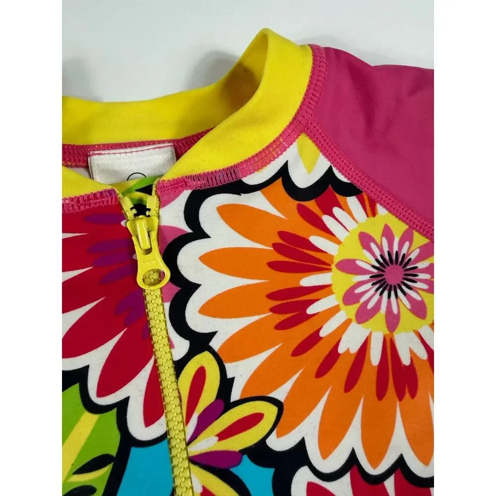 Hanna Andersson Floral Short Sleeve Zip Rash Guard Swimsuit Size 6-12 months